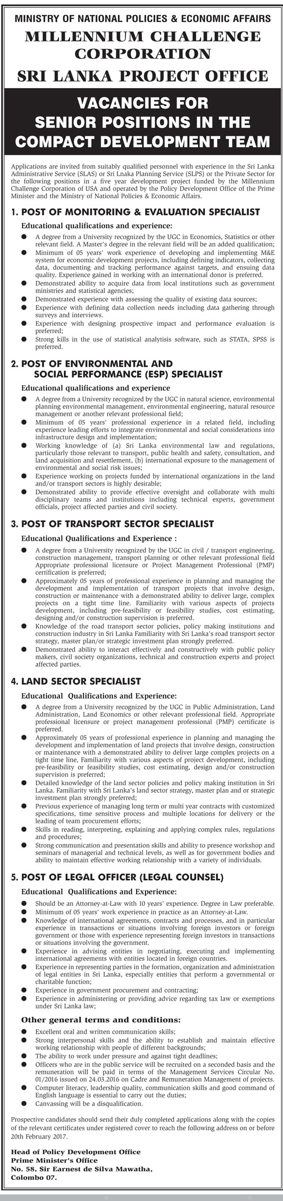 Monitoring & Evaluation Specialist, Environmental & Social Performance Specialist, Transport Sector Specialist, Land Sector Specialist, Legal Officer - Ministry of National Policies & Economic Affairs